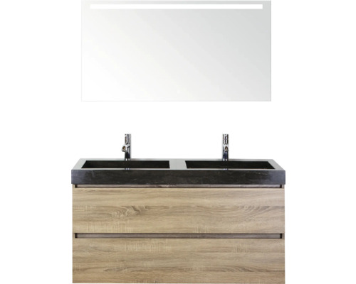 SANOX Badkamermeubelset Maxx XL met spiegelkast en wastafel 121 cm grijs eiken Wastafelmeubel met twee wastafels, onderkast en spiegel met verlichting