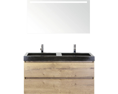 SANOX Badkamermeubelset Maxx XL met spiegelkast en wastafel 121 cm natuur eiken Wastafelmeubel met dubbele wastafel, onderkast met houtlook en rechthoekige spiegel met verlichting