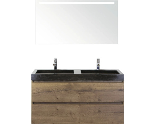 SANOX Badkamermeubelset Maxx XL met spiegelkast en wastafel 121 cm tabacco Wastafelmeubel met dubbele wastafel, houten onderkast en spiegel met verlichting voor de badkamer