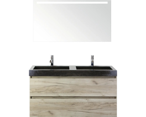 SANOX Badkamermeubelset Maxx XL met spiegelkast en wastafel 121 cm craft oak Badkamermeubelset met wastafel, twee waskommen en spiegel met verlichting