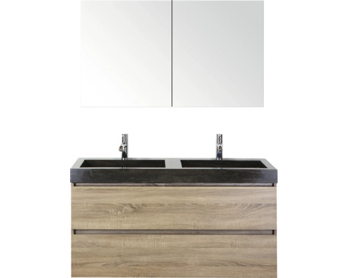 SANOX Badkamermeubelset Maxx XL met spiegelkast en wastafel 121 cm grijs eiken Badkamer wastafelcombinatie met dubbele wastafel en spiegelkast