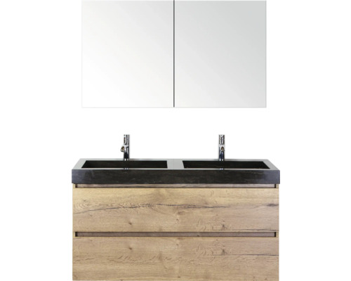SANOX Badkamermeubelset Maxx XL met spiegelkast en wastafel 121 cm natuur eiken Dubbele wastafel met wastafelonderkast en spiegelkast voor de badkamer