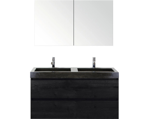 SANOX Badkamermeubelset Maxx XL met spiegelkast en wastafel 121 cm black oak Wastafelmeubel met twee wastafels, twee kranen en spiegelkast