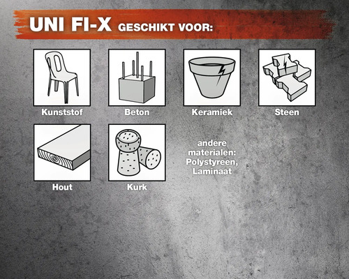 UNI FI-X geschikt voor: kunststof, beton, keramiek, steen, hout, kurk, polystyreen en laminaat.