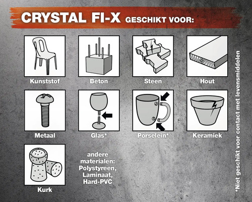 Geschikt voor Crystal Fix: kunststof, beton, steen, hout, metaal, glas, porselein, keramiek, kurk en andere materialen