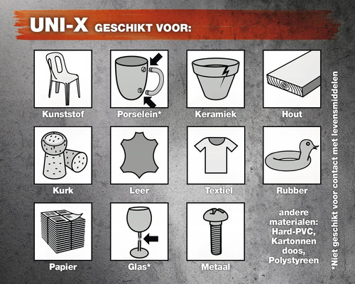 Geschikt voor kunststof, porselein, keramiek, hout, kurk, leer, textiel, rubber, papier, glas en metaal