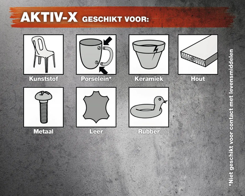 Geschikt voor kunststof, porselein, keramiek, hout, metaal, leer, rubber. Niet geschikt voor contact met levensmiddelen.