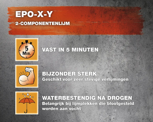 Epo-X-Y two-component adhesive features: cures in five minutes, very strong, waterproof after drying