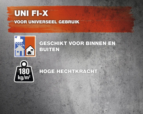 Uni Fix is geschikt voor universeel gebruik, zowel binnen als buiten, en heeft een hoge hechting tot 180 kilogram per vierkante meter.