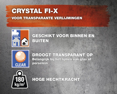 Crystal Fi-X voor transparante verlijmingen, geschikt voor binnen en buiten, droogt transparant op, hoge hechtkracht 180 kilogram per vierkante meter