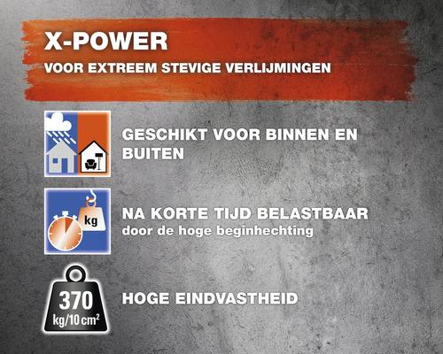 Productkenmerken X-Power lijm: geschikt voor binnen en buiten, na korte tijd belastbaar, hoge eindvastheid 370 kilogram per 10 vierkante centimeter