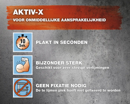 Aktiv-X eigenschappen: Onmiddellijke hechting, plakt in seconden, bijzonder sterk, geen fixatie nodig.