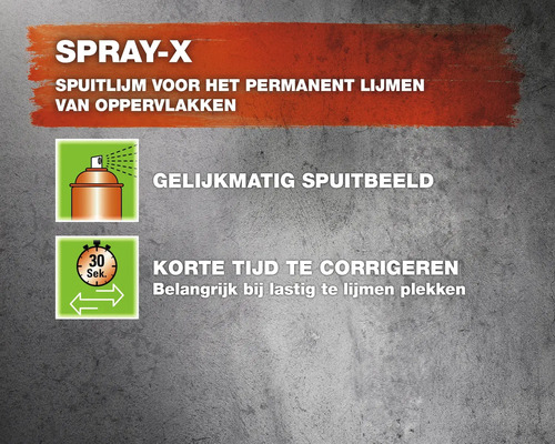 Spraylijm producteigenschappen: gelijkmatig spuitbeeld, korte tijd te corrigeren