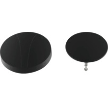 Twee ronde, zwarte meubelknoppen met bevestiging