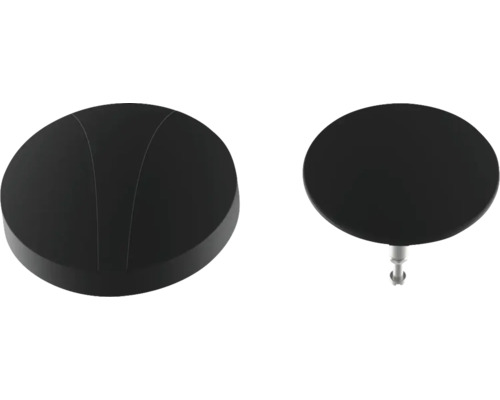 Twee ronde, zwarte meubelknoppen met bevestiging