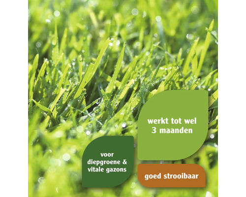 Close-up van gras met de indicatie werkt tot wel drie maanden, voor diepgroene en vitale gazons en goed strooibaar