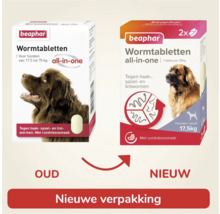 Beaphar Wormtabletten vergelijking oude en nieuwe verpakking voor honden vanaf 17,5 kilogram
