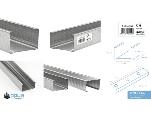 Metal Stud profielen in verschillende aanzichten en een technische tekening