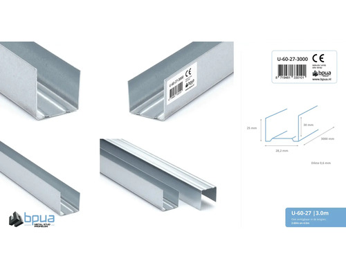 U-profiel voor gipsplaatconstructie, 3 meter lang