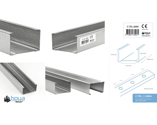 Metal profiel C-75L met de afmetingen 2,60 meter en CE markering