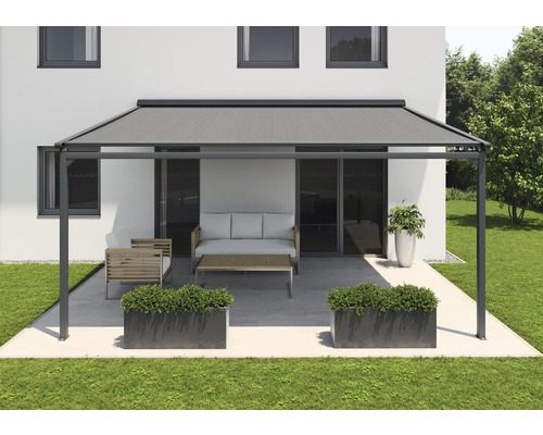 SOLUNA Terrasoverkapping licht grijs 400x400cm, motor, schakelaar rechts Terrasscène met pergola, tuinmeubelen en plantenbakken