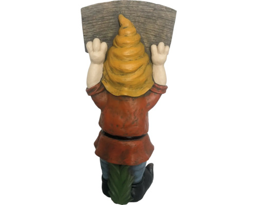 Tuinkabouter met houten bord, achteraanzicht