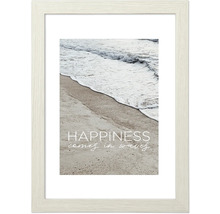 Ingelijste foto met de opdruk ''Happiness comes in waves'' met een golf op het strand