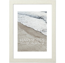 Ingelijste foto met golven en het opschrift ''Happiness comes in waves''.