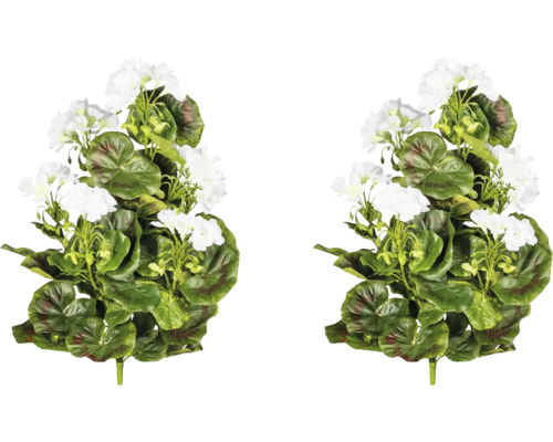 Twee witte kunstgeraniums met groene bladeren.