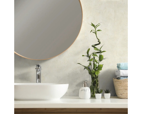 DUMAPLAST Wandbekleding Dumapan XL SMP salta 2600x375x8 mm Moderne badkamer met ronde spiegel, wastafel en decoraties