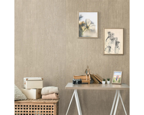 DUMAPLAST Wandbekleding Dumapan XL SMP gunza 2600x375x8 mm Decoratieve wand met houten structuur, afbeeldingen en accessoires op tafel