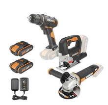 Worx accugereedschapsset met boormachine, decoupeerzaag, haakse slijper, twee accu''s en oplader