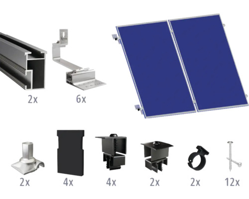 GEMS Montageset zwart voor 2 modules (2x1) op schuin dak/ pannendak incl. 2x montagerail 2400 mm Componenten voor de montage van zonnepanelen op het dak