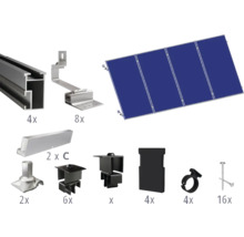 Componenten voor de installatie van zonnepanelen op daken, inclusief rails, haken en klemmen
