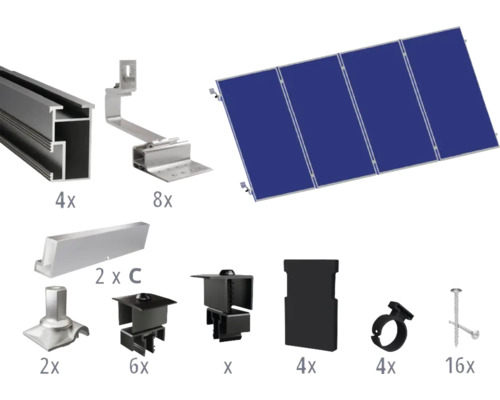 GEMS Montageset zwart voor 4 modules (4x1) op schuin dak/ pannendak incl. 4x montagerail 2400 mm Componenten voor de installatie van zonnepanelen op daken, inclusief rails, haken en klemmen