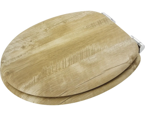 Toiletbril met houten decor en chromen scharnieren