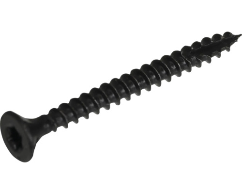 Een enkele, zwarte gipsplaatschroef met schroefdraad.