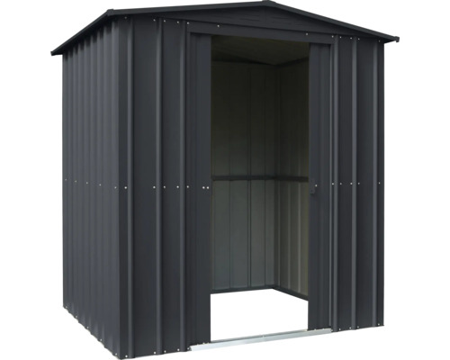 Metalen gereedschapsschuur met open deur