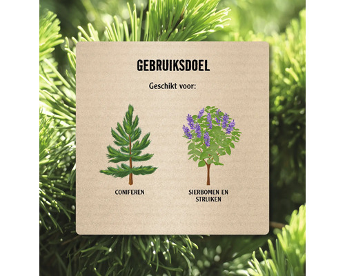 Illustratie die het beoogde gebruik weergeeft: geschikt voor coniferen, sierbomen en struiken.