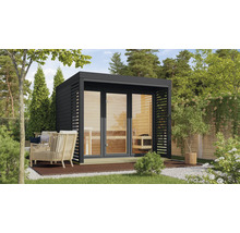 Sauna met zithoek in de tuin
