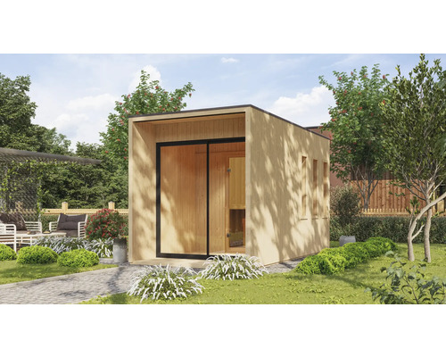 Moderne houten sauna met schuifdeur in de tuin