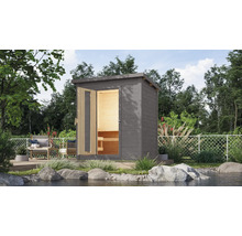 Grijze tuinsauna met open deur en houten banken binnenin