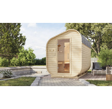 Houten barrelsauna met glazen deur buiten