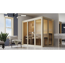 Interieur met houten sauna, banken en glazen elementen