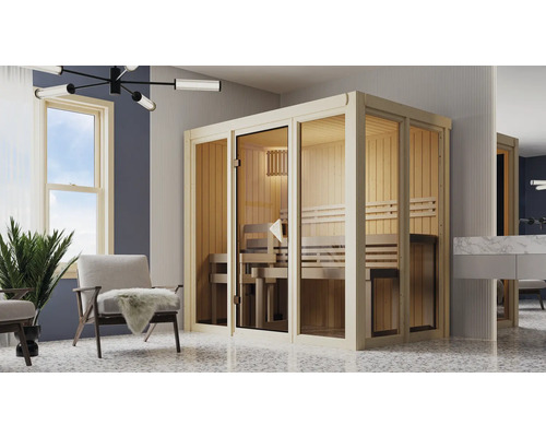 Interieur met houten sauna, banken en glazen elementen
