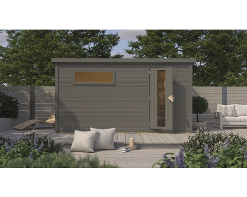 Tuinhuis met raam en deur op een terras met tuinmeubelen.