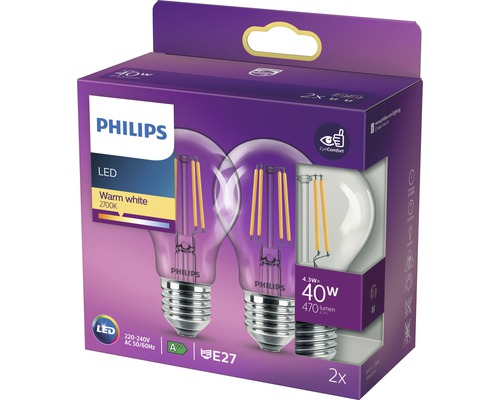 Philips LED lamp E27, 4,3 Watt, 2 stuks verpakking