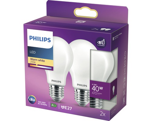 Philips LED-lampen in duoverpakking, warm wit, 2700 Kelvin, E27 fitting