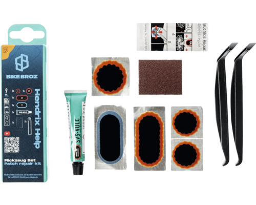 Fietsreparatieset met bandenpleisters, vulkaniseervloeistof, schuurpapier en bandenlichters
