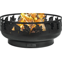 Metalen vuurschaal met bladerdesign en brandend hout